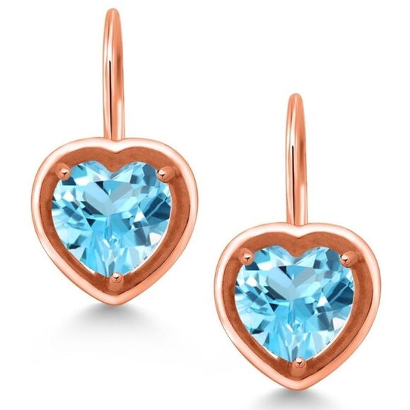 18K Rose Gold 925 with 3.00 Cttw 7MM Swiss Blue Topaz Heart  18K Rose Gold 925 with 3.00 Cttw 7MM Swiss Blue Topaz Heart Leverback Earrings